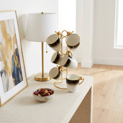 Modern Teacup Set with Gold Trim and Stand