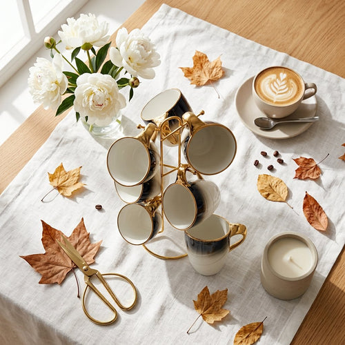Modern Teacup Set with Gold Trim and Stand