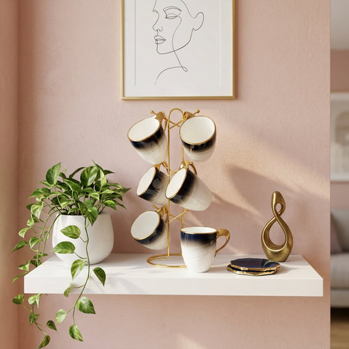 Modern Teacup Set with Gold Trim and Stand