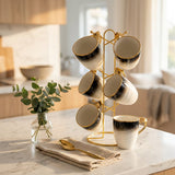 Modern Teacup Set with Gold Trim and Stand