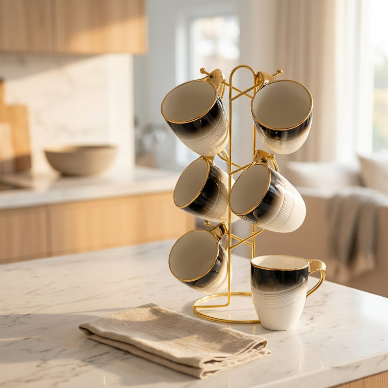 Modern Teacup Set with Gold Trim and Stand 7 Piece
