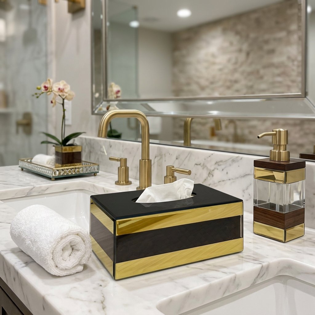 Gold Striped Mirror Glass Tissue Holder