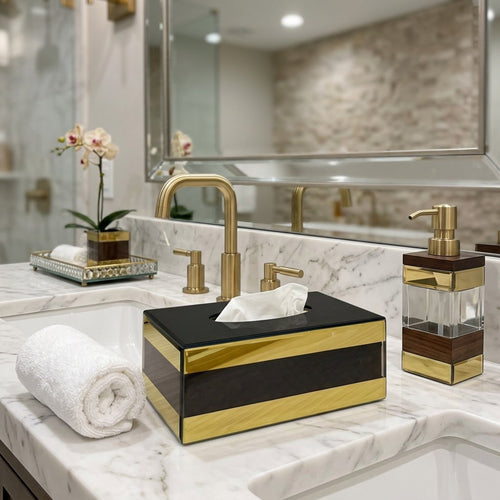 Gold Striped Mirror Glass Tissue Holder