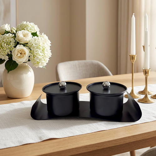Modern Black Canister Set with Decorative Tray