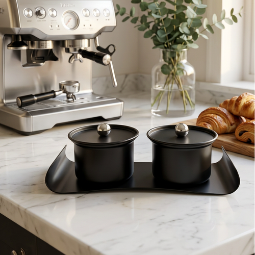Modern Black Canister Set with Decorative Tray