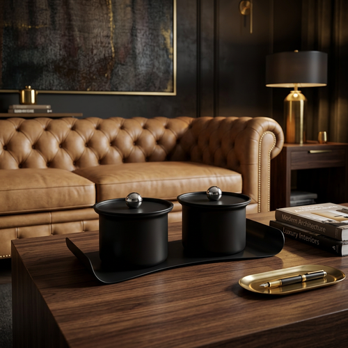 Modern Black Canister Set with Decorative Tray