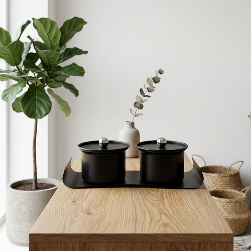 Modern Black Canister Set with Decorative Tray