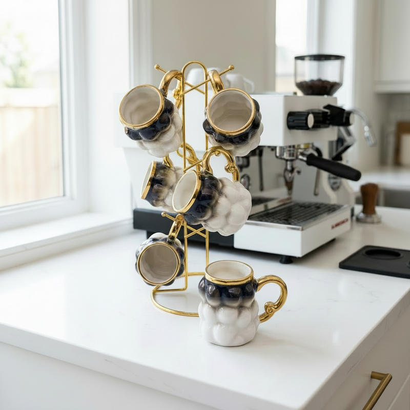 Elegant Cloud-Textured Cup Set with Gold Metal Set 7 Piece