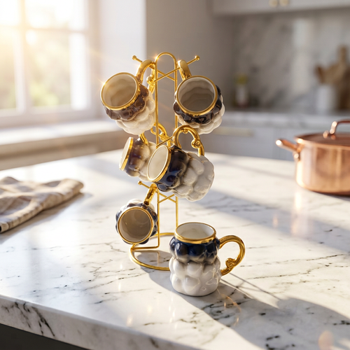 Elegant Cloud-Textured Cup Set with Gold Metal Set of 6