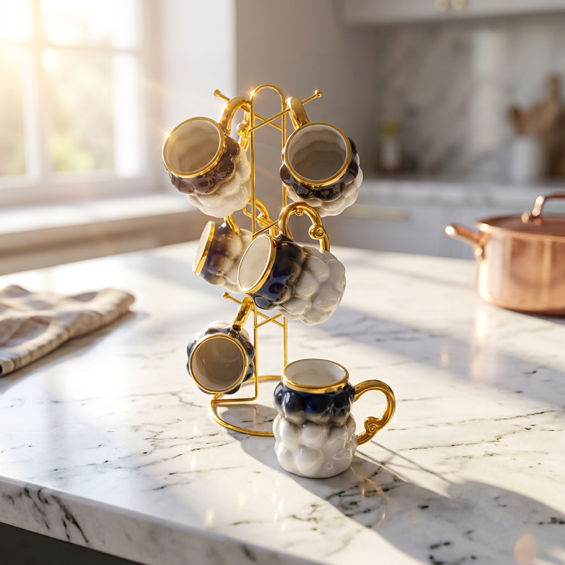 Elegant Cloud-Textured Cup Set with Gold Metal Set 7 Piece