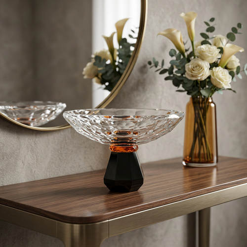 Elegant Geometric Cut Bowl on Black Stand
