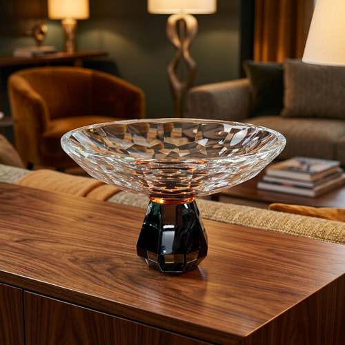 Elegant Geometric Cut Bowl on Black Stand