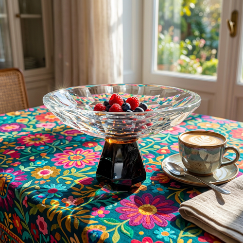 Elegant Geometric Cut Bowl on Black Stand