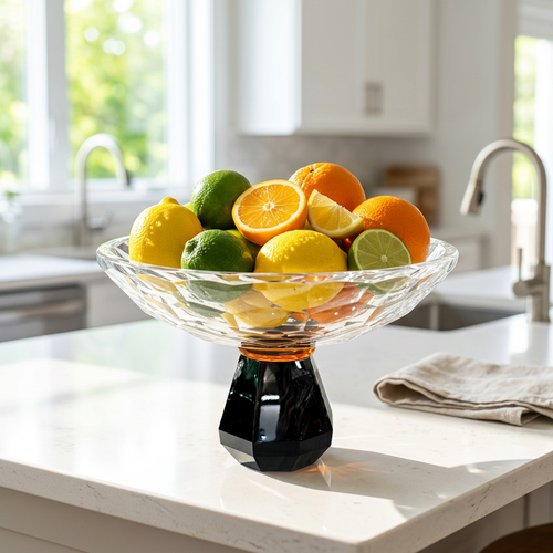Elegant Geometric Cut Bowl on Black Stand