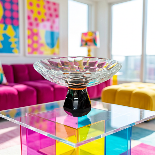 Elegant Geometric Cut Bowl on Black Stand