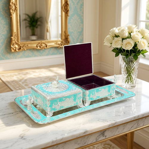 Turquoise & Silver Peacock Embossed Dry Fruit Box Set