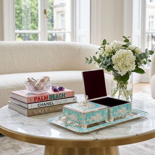 Turquoise & Silver Peacock Embossed Dry Fruit Box Set