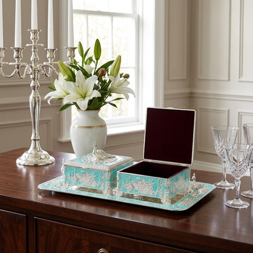 Turquoise & Silver Peacock Embossed Dry Fruit Box Set