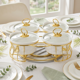 Royal 4-Piece Ceramic Serving Set with Gold Stand & Glass Lids