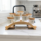 Elegant Spice Jars Set with Bamboo Lids & Arched Display Stand 7 Piece