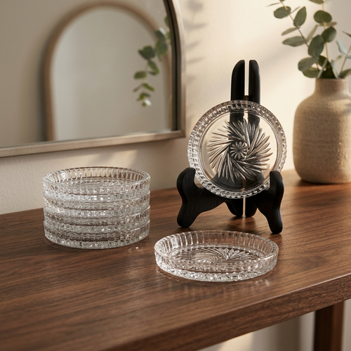 Clear Glass Drink Coasters Set of 6 with Holder 4 Inch