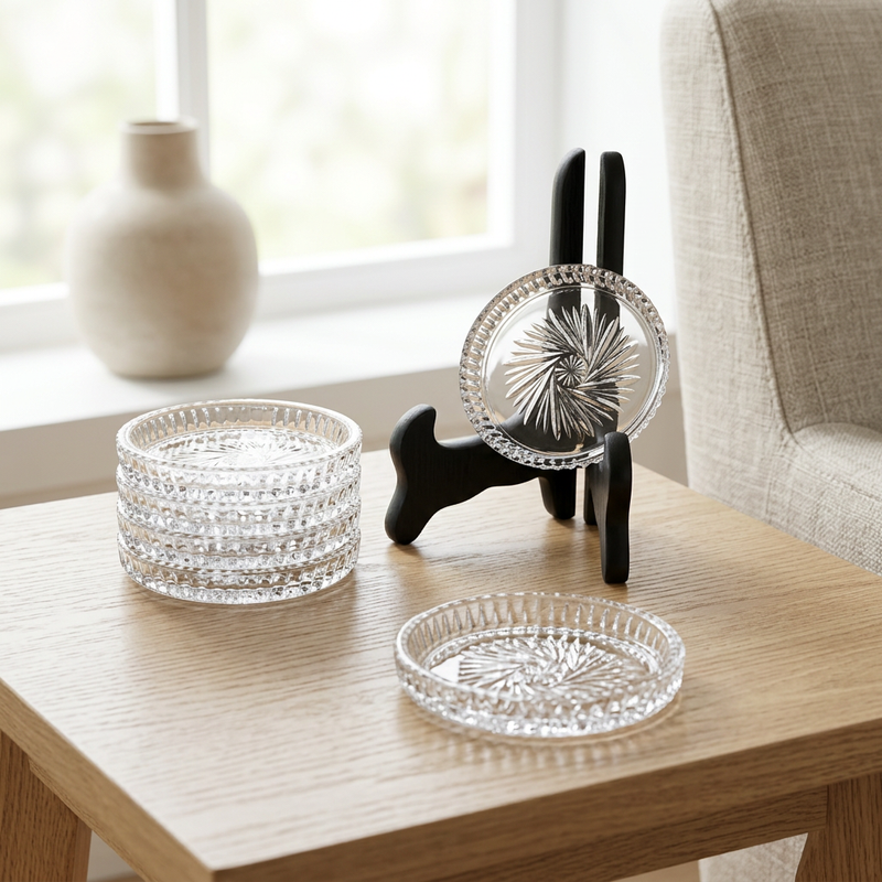 Clear Glass Drink Coasters Set of 6 with Holder 4 Inch