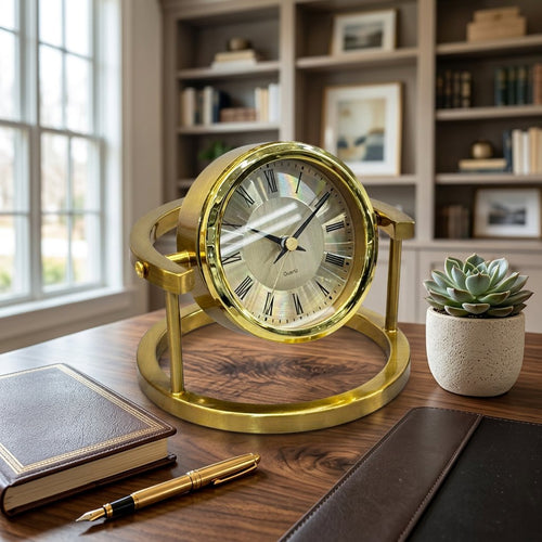 Modern Brushed Gold Gimbal Desk & Table Clock