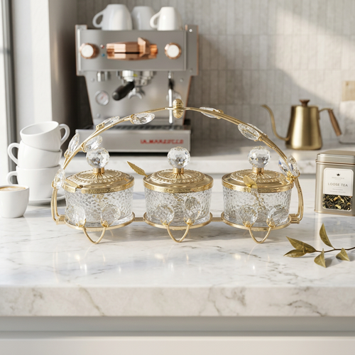 Crystal Glass & Gold Serving Set with Arched Frame