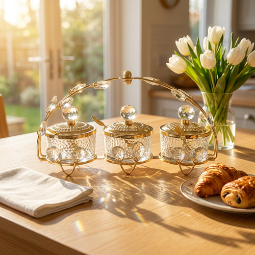 Crystal Glass & Gold Serving Set with Arched Frame
