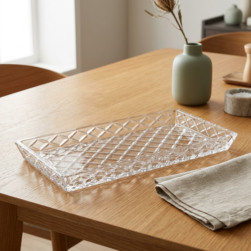 Diamond Cut Glass Rectangular Serving Tray 11 Inch