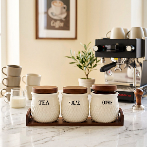 Elegant Textured Ceramic Canister Set with Dark Wood Lids & Tray