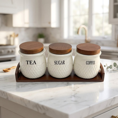 Elegant Textured Ceramic Canister Set with Dark Wood Lids & Tray
