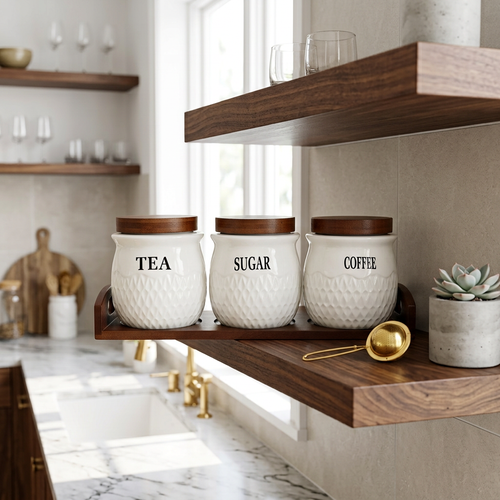 Elegant Textured Ceramic Canister Set with Dark Wood Lids & Tray