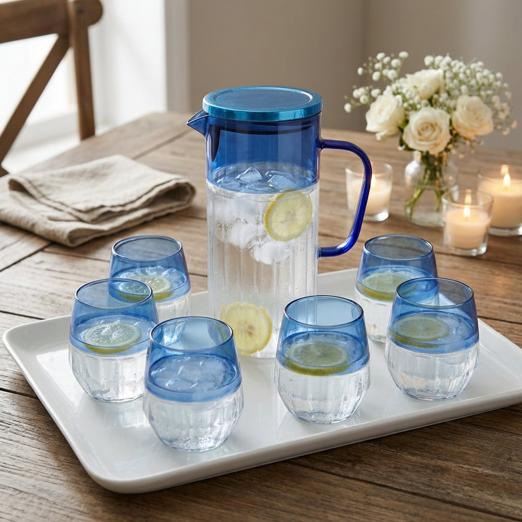 Dual-Tone Blue Clear Glassware Serving Set with Lid 7 Piece