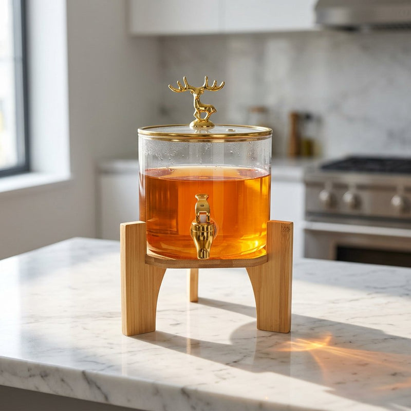 Glass Beverage Dispenser with Wooden Stand & Gold Deer Finial