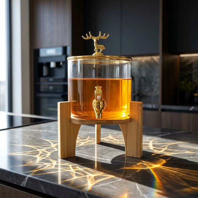 Glass Beverage Dispenser with Wooden Stand & Gold Deer Finial