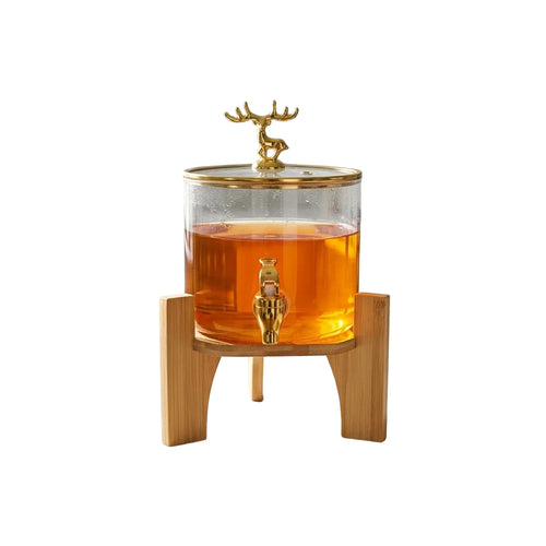 Glass Beverage Dispenser with Wooden Stand & Gold Deer Finial