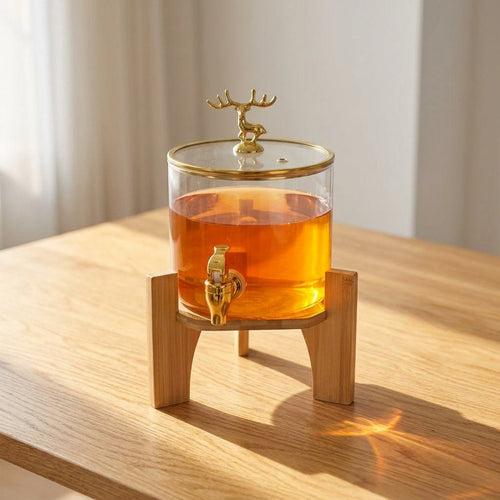Glass Beverage Dispenser with Wooden Stand & Gold Deer Finial