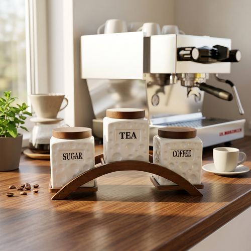Modern White & Dark Wood Kitchen Canister Trio