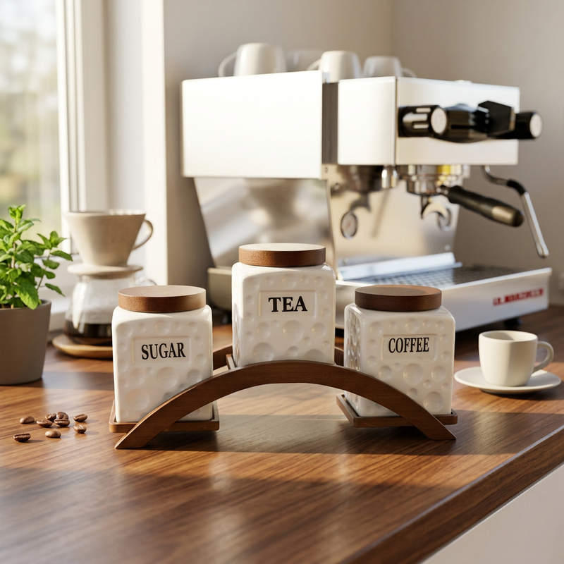 Modern White & Dark Wood Kitchen Canister Trio