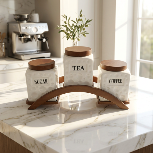 Modern White & Dark Wood Kitchen Canister Trio
