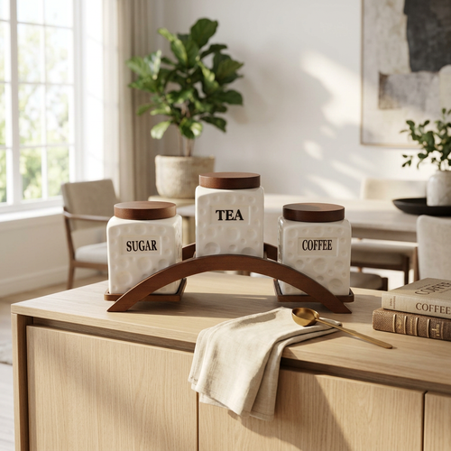 Modern White & Dark Wood Kitchen Canister Trio