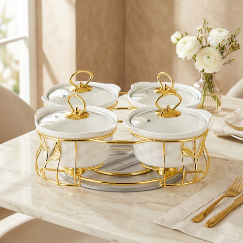 Royal 4-Piece Ceramic Serving Set with Gold Stand & Glass Lids
