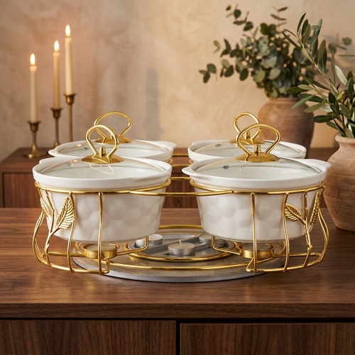 Royal 4-Piece Ceramic Serving Set with Gold Stand & Glass Lids