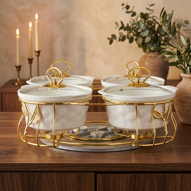 Royal 4-Piece Ceramic Serving Set with Gold Stand & Glass Lids