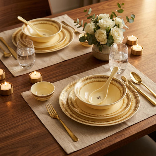 Modern Royal Gold & Ivory Crown Fine Dinnerware Set 35 Pcs
