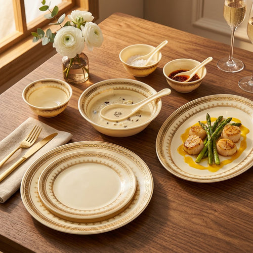 Modern Royal Gold & Ivory Crown Fine Dinnerware Set 35 Pcs