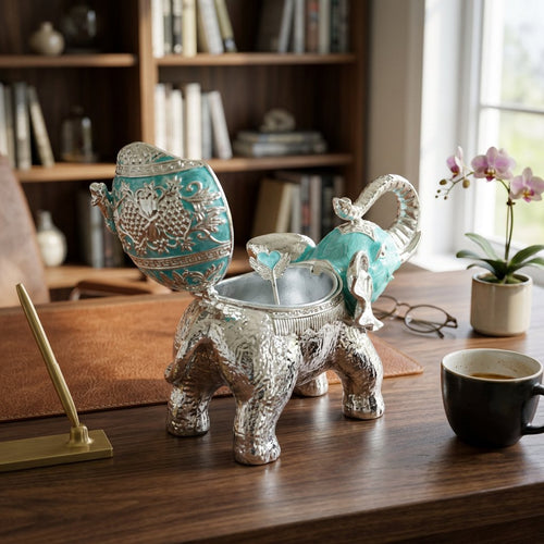 Royal Blue Silver-Plated Elephant Figurine Serving Jar