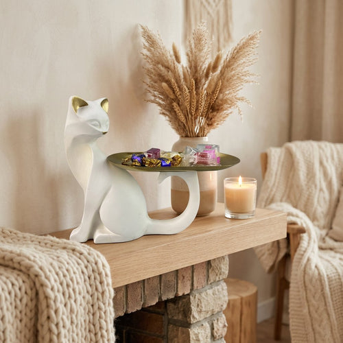 Minimalist Cat Sculpture with Gold Tray