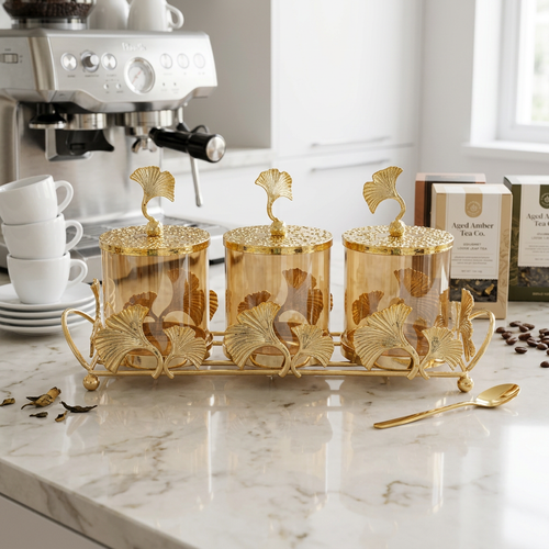 Gold Ginkgo Leaf Amber Glass Jar Set with Serving Tray